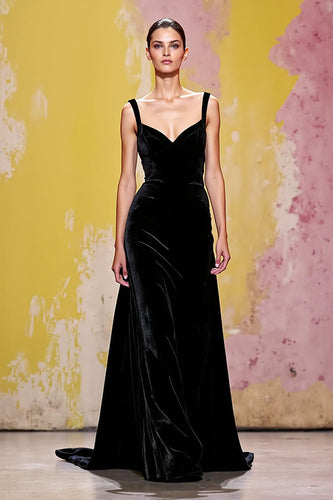 Simple Black Sheath Velvet Long Evening Dress