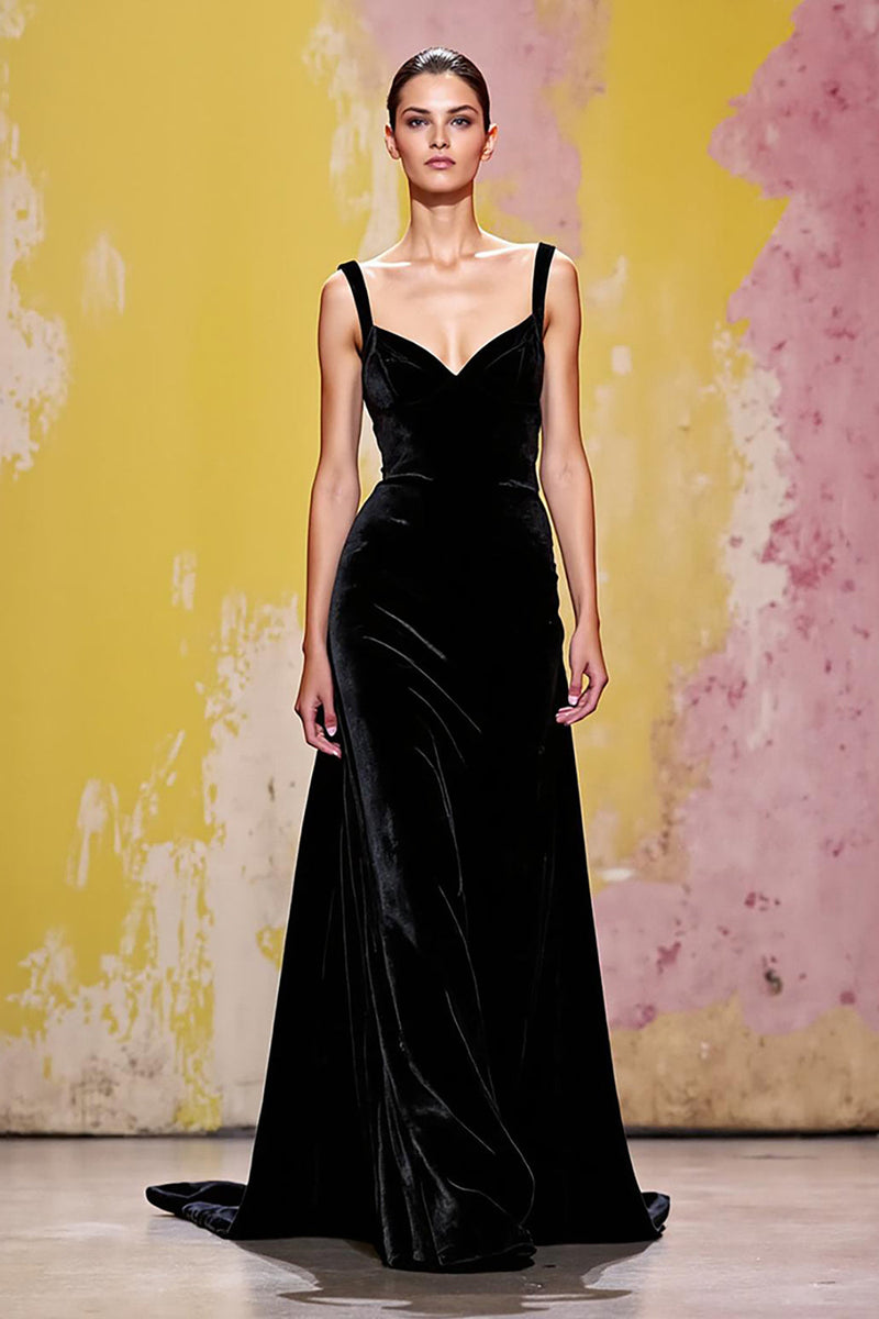 Load image into Gallery viewer, Simple Black Sheath Velvet Long Evening Dress