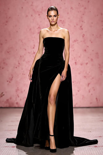 Simple Black Velvet Strapless A Line Long Evening Dress with Slit