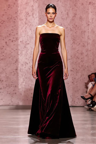Dark Red Strapless Sheath Velvet Long Evening Dress