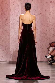 Dark Red Strapless Sheath Velvet Long Evening Dress