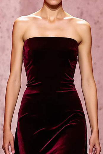 Dark Red Strapless Sheath Velvet Long Evening Dress
