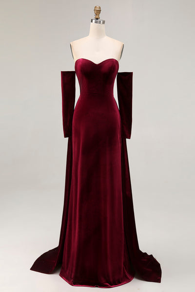 Dark Red Sweetheart A Line Velvet Long Holiday Party Dress