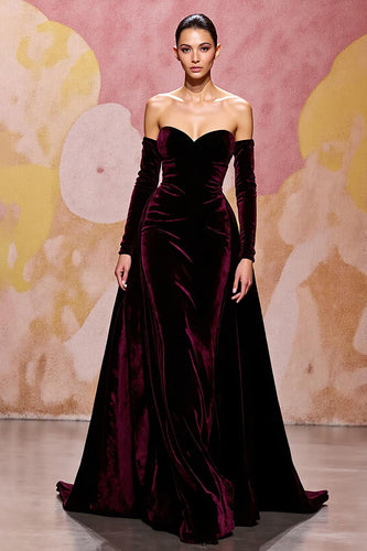 Dark Red Sweetheart Velvet A Line Long Evening Dress