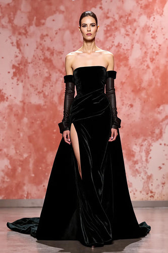 Black Velvet A Line Strapless Long Evening Dress with Slit