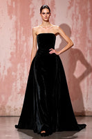 Load image into Gallery viewer, Simple Black Strapless Velvet A Line Long Evening Dress