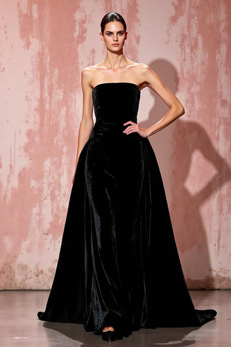 Simple Black Strapless Velvet A Line Long Evening Dress