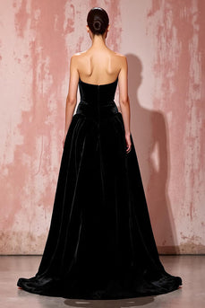 Simple Black Strapless Velvet A Line Long Evening Dress