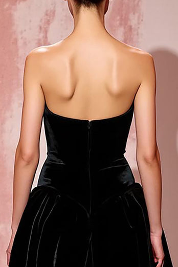 Simple Black Strapless Velvet A Line Long Evening Dress