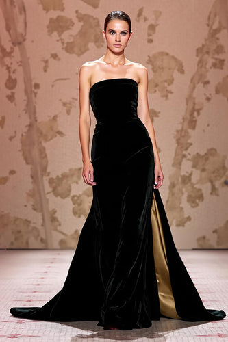 Simple Black Strapless Velvet Long Evening Dress with Slit
