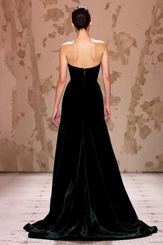 Simple Black Strapless Velvet Long Evening Dress with Slit