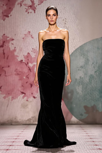 Simple Black Velvet Mermaid Strapless Long Evening Dress
