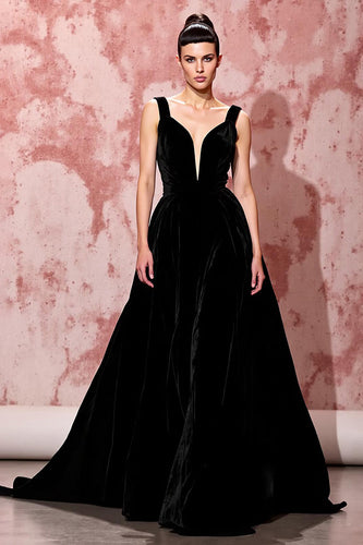 Simple Black Velvet A Line Long Evening Dress
