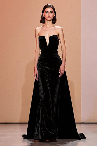 Simple Black Velvet Strapless Long Evening Dress