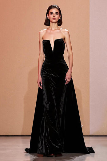 Simple Black Velvet Strapless Long Evening Dress