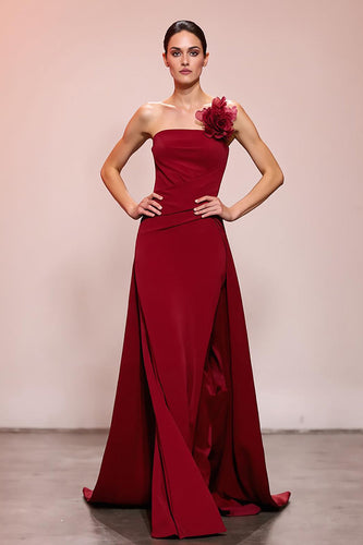 Red Floral Sheath Strapless Satin Ruched Long Evening Dress