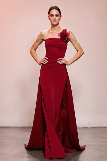 Red Floral Sheath Strapless Satin Ruched Long Evening Dress
