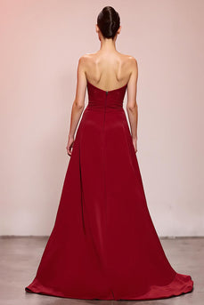 Red Floral Sheath Strapless Satin Ruched Long Evening Dress