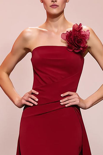 Red Floral Sheath Strapless Satin Ruched Long Evening Dress