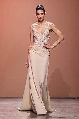 Sparkly Champagne Deep V-Neck Sheath Ruched Long Evening Dress