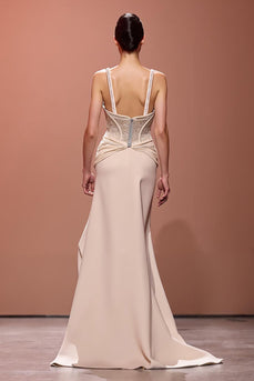 Sparkly Champagne Deep V-Neck Sheath Ruched Long Evening Dress