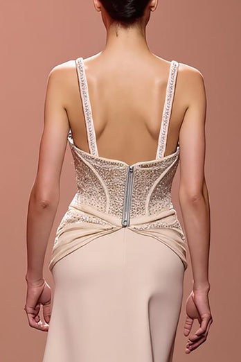 Sparkly Champagne Deep V-Neck Sheath Ruched Long Evening Dress