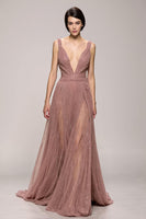 Load image into Gallery viewer, Sparkly Pink Ruched Deep V-Neck Long Evening Dress