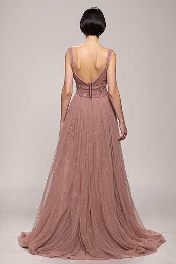 Sparkly Pink Ruched Deep V-Neck Long Evening Dress