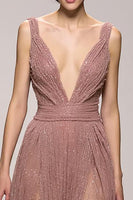 Load image into Gallery viewer, Sparkly Pink Ruched Deep V-Neck Long Evening Dress