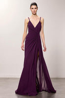Load image into Gallery viewer, Purple Sheath Chiffon Ruched Long Evening Dress with Slit