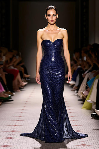 Sparkly Navy Sweetheart Sequin Mermaid Long Evening Dress