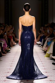 Sparkly Navy Sweetheart Sequin Mermaid Long Evening Dress