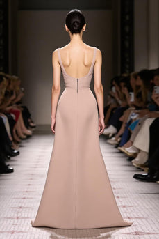 Simple Champagne Mermaid Satin Backless Long Evening Dress