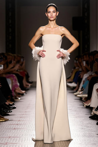 Simple Ivory Strapless Sheath Satin Backless Long Evening Dress