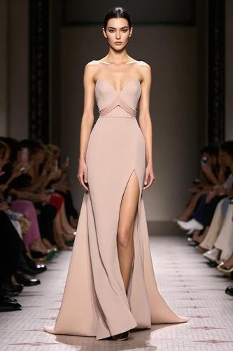 Simple Champagne Satin Strapless Sheath Long Evening Dress with Slit