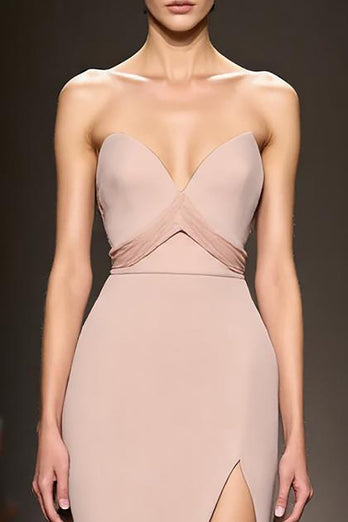 Simple Champagne Satin Strapless Sheath Long Evening Dress with Slit