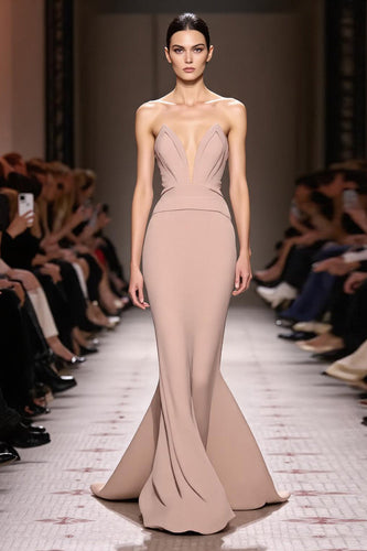 Simple Champagne Strapless Mermaid Backless Long Evening Dress