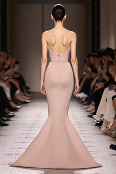 Simple Champagne Strapless Mermaid Backless Long Evening Dress