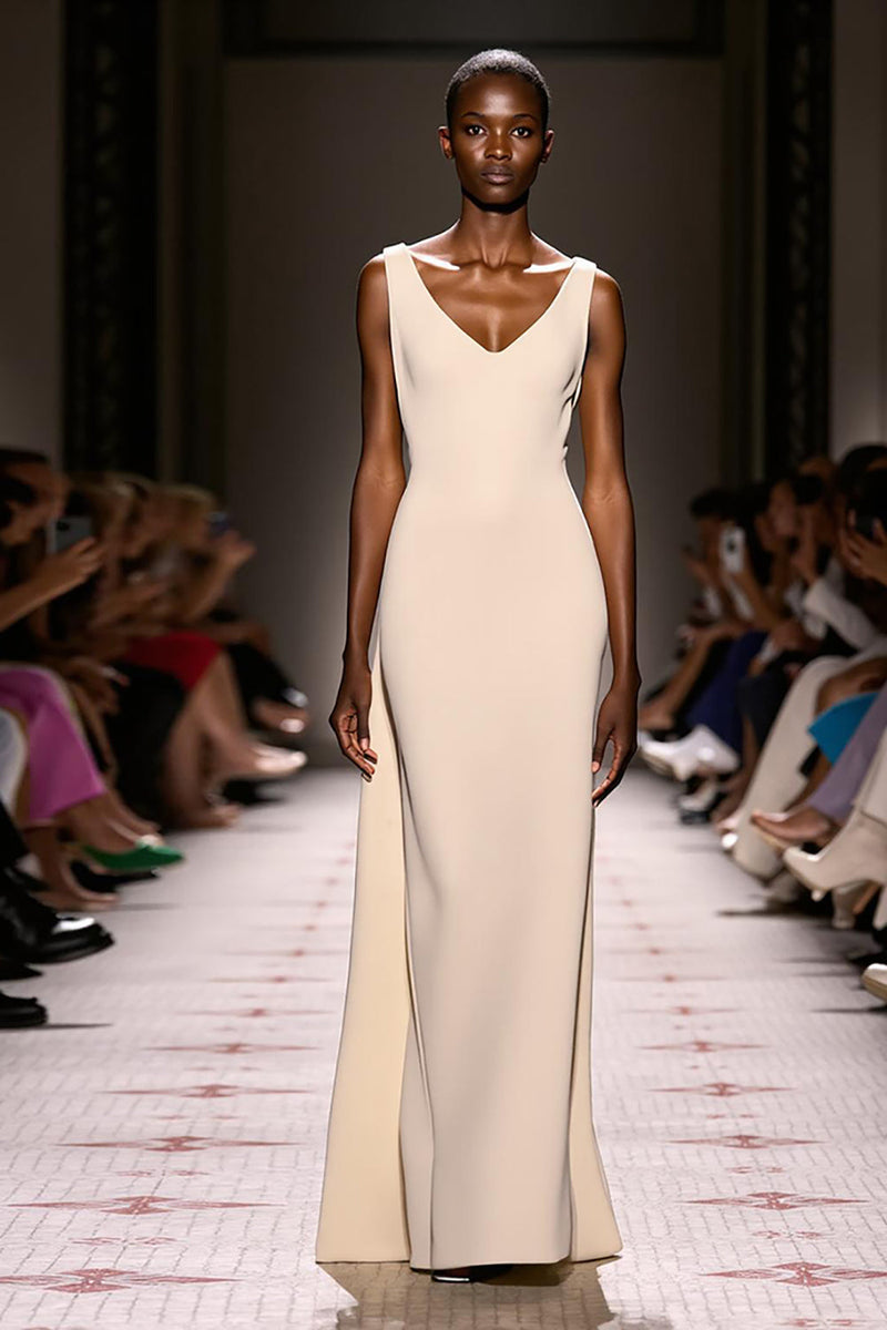 Load image into Gallery viewer, Simple Ivory Sheath V-Neck Satin Backless Long Evening Dress