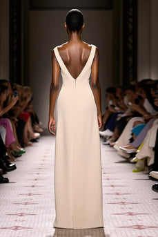 Simple Ivory Sheath V-Neck Satin Backless Long Evening Dress