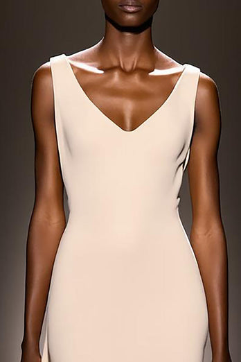 Simple Ivory Sheath V-Neck Satin Backless Long Evening Dress