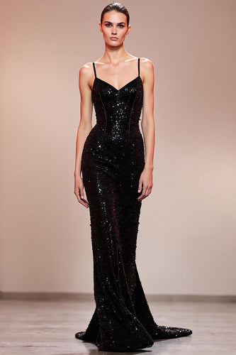 Sparkly Black Corset Mermaid Sequin Long Evening Dress