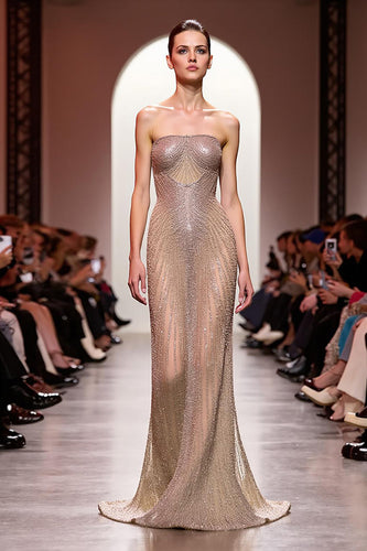 Sparkly Champagne Mermaid Backless Long Strapless Evening Dress