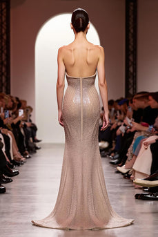 Sparkly Champagne Mermaid Backless Long Strapless Evening Dress