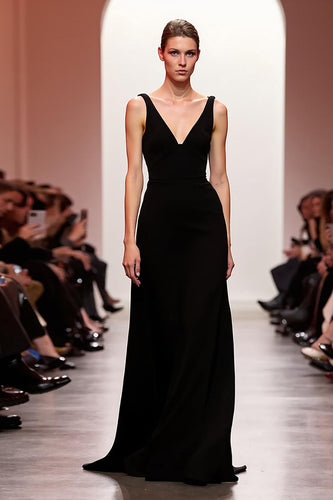 Simple Black Sheath V Neck Backless Long Evening Dress