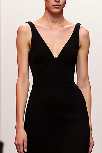 Simple Black Sheath V Neck Backless Long Evening Dress