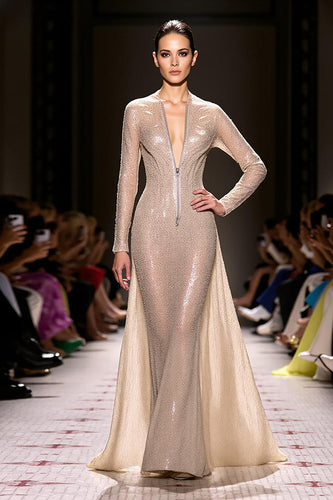 Sparkly Champagne Long Sleeves Mermaid Evening Dress with Zippers