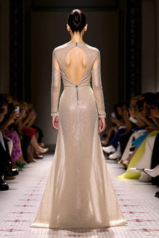 Sparkly Champagne Long Sleeves Mermaid Evening Dress with Zippers