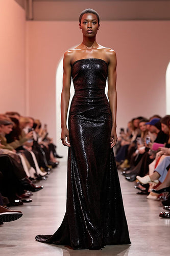 Sparkly Black Mermaid Strapless Sequins Long Evening Dress