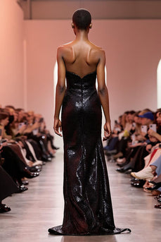 Sparkly Black Mermaid Strapless Sequins Long Evening Dress